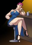 bar bar_stool bare_legs blue_dress breasts cleavage cocktail_dress crossed_legs dress drinking_straw eyebrows glass green_eyes hand_on_hip high_heels highres large_breasts long_dress mouth_hold muscle muscular_female no_bra overwatch pink_hair ryuusei_(mark_ii) short_hair side_slit sitting solo spaghetti_strap stool tattoo thighs very_short_hair zarya_(overwatch) 