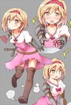  blonde_hair box djeeta_(granblue_fantasy) dress fighter_(granblue_fantasy) gauntlets granblue_fantasy hairband heart-shaped_box multiple_views pink_dress pink_hairband short_hair sparkle sword thighhighs valentine weapon yuuhi_alpha 