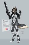  2016 2017 5_fingers african_wild_dog anthro armor canine clothed clothing cybernetics digital_media_(artwork) english_text female fist front_view fur gun hair kavaeric kenura_sekiro looking_at_viewer machine mammal military p700 ranged_weapon rifle science_fiction simple_background smile soldier solo standing tagme teeth text weapon 