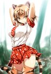  animal_ears arms_up breasts commentary_request kemono_friends large_breasts looking_at_viewer necktie red_skirt school_uniform short_hair short_sleeves skirt solo tail tiger_(kemono_friends) tiger_ears tiger_tail watarui yellow_eyes 
