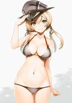  adapted_costume anchor anchor_hair_ornament arm_up ass_visible_through_thighs bikini breasts cleavage collarbone cowboy_shot eyebrows_visible_through_hair green_eyes grey_bikini groin hair_between_eyes hair_ornament halterneck hand_on_headwear hat highres kantai_collection light_brown_hair long_hair looking_at_viewer low_twintails medium_breasts military_hat navel nylon peaked_cap prinz_eugen_(kantai_collection) simple_background skindentation smile solo swimsuit twintails 