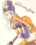  blue_hair blush bodysuit breasts dragon_quest dragon_quest_iii gloves hat highres large_breasts long_hair mitre orange_bodysuit priest_(dq3) red_eyes shichiri skin_tight smile solo tabard 