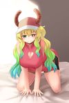  all_fours alternate_costume bare_arms bare_shoulders baseball_cap bed_sheet bike_shorts black_eyes blonde_hair blush breasts china_dress chinese_clothes cleavage cleavage_cutout covered_nipples cowfee dragon_girl dragon_horns dress eyebrows_visible_through_hair full_body gradient_hair green_eyes green_hair hanging_breasts hat heart_cutout heterochromia highres horns indoors kobayashi-san_chi_no_maidragon large_breasts long_hair looking_at_viewer multicolored_hair pink_dress quetzalcoatl_(maidragon) shiny shiny_hair smile solo thighhighs yellow_pupils 