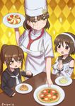  alternate_costume black_serafuku breasts brown_eyes brown_hair chef_hat chef_uniform commentary_request detached_sleeves food fumizuki_(kantai_collection) glasses hairband hat headdress holding kantai_collection large_breasts long_hair long_sleeves misumi_(niku-kyu) multiple_girls natori_(kantai_collection) necktie open_mouth pince-nez ponytail risotto roma_(kantai_collection) school_uniform serafuku short_hair smile triangle_mouth white_hairband white_neckwear 