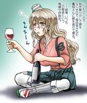  alcohol blush_stickers bottle brown_eyes brown_hair cosplay cup drinking_glass drunk gradient gradient_background green_background hakama hakama_skirt hat houshou_(kantai_collection) houshou_(kantai_collection)_(cosplay) indian_style japanese_clothes kantai_collection kimono long_hair pantyhose pola_(kantai_collection) sitting solo tasuki tilted_headwear translation_request wavy_hair white_legwear wine wine_bottle wine_glass yagisawa_keiichi 