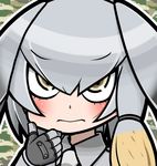  3: bangs black_hair blush bodystocking brown_eyes camouflage camouflage_background closed_mouth collared_shirt eyebrows_visible_through_hair face gloves grey_gloves grey_neckwear grey_shirt hair_between_eyes iriomote_umineko kemono_friends long_hair long_sleeves low_ponytail multicolored_hair necktie orange_hair outline shirt shoebill_(kemono_friends) side_ponytail silver_hair solo upper_body 