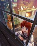  1girl :d arm_rest brown_eyes candle cat christmas christmas_tree commentary english_commentary fireplace highres looking_out_window nashigaya_koyomi open_mouth original red_hair smile snowing sweater window wreath 