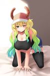  all_fours baseball_cap bed_sheet black_eyes black_legwear blonde_hair blush breasts cleavage commentary_request covered_nipples cowfee dragon_girl dragon_horns eyebrows_visible_through_hair full_body gradient_hair green_eyes green_hair hanging_breasts hat heterochromia highres horns indoors kobayashi-san_chi_no_maidragon large_breasts long_hair looking_at_viewer multicolored_hair quetzalcoatl_(maidragon) shiny shiny_hair short_shorts shorts smile solo tank_top thighhighs yellow_pupils 
