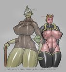  areola bandage big_breasts breasts churnurg clothed clothing demon female goblin green_skin group horn humanoid male nipples partially_clothed penis pointy_ears pubes pussy red_skin short simple_background sweat thick_thighs tight_clothing troll 