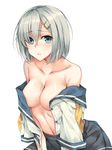  bare_shoulders black_skirt blue_eyes blush breasts closed_mouth collarbone commentary_request hair_ornament hair_over_one_eye hairclip hamakaze_(kantai_collection) highres kantai_collection looking_at_viewer medium_breasts midriff navel no_bra off_shoulder open_clothes open_shirt pantyhose rinarisa school_uniform serafuku shiny shiny_skin shirt short_hair silver_hair skirt solo stomach white_background 