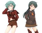  alternate_costume alternate_hairstyle bangs baretto_(firearms_1) black_hair blazer blush breasts brown_eyes brown_legwear brown_skirt commentary_request cosplay costume_switch green_eyes green_hair hair_flip hair_ornament hairclip hairstyle_switch jacket kantai_collection long_hair long_sleeves looking_at_viewer medium_breasts midriff mogami_(kantai_collection) mogami_(kantai_collection)_(cosplay) multiple_girls neckerchief school_uniform serafuku shirt short_hair shorts simple_background skirt small_breasts smile suzuya_(kantai_collection) suzuya_(kantai_collection)_(cosplay) swept_bangs thighhighs white_background 