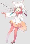  beamed_eighth_notes black_footwear chestnut_mouth eighth_note full_body fur_trim gloves head_wings japanese_crested_ibis_(kemono_friends) kemono_friends long_hair long_sleeves mary_janes multicolored_hair music musical_note orange_skirt pantyhose red_gloves red_hair red_legwear shoes sidelocks singing skirt solo standing tail two-tone_hair white_hair yellow_eyes yuizaki_kazuya 