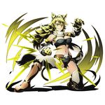  akame_ga_kill! alpha_transparency animal_ears belt black_bra black_panties blonde_hair boots bra breasts brown_footwear cat_ears cat_tail cleavage divine_gate fang full_body hair_over_one_eye knee_boots large_breasts leone long_hair looking_at_viewer midriff navel official_art one_knee panties paws scarf shadow smile solo stance strapless strapless_bra tail thighhighs transparent_background ucmm underwear yellow_eyes 