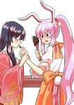  alternate_hairstyle animal_ears apron bangs black_hair blush bunny_ears bunny_tail chocolate closed_eyes commentary crescent finger_licking hand_on_another's_arm highres hime_cut houraisan_kaguya lavender_hair licking long_hair long_sleeves looking_at_another mana_(tsurubeji) multiple_girls pleated_skirt ponytail purple_hair red_eyes reisen_udongein_inaba shirt simple_background skirt sleeves_rolled_up smile spatula sweatdrop tail tied_hair touhou valentine very_long_hair white_background white_shirt wide_sleeves wrist_grab yuri 