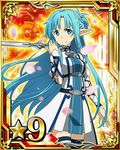  asuna_(sao) asuna_(sao-alo) blue_eyes blue_hair blue_legwear blue_ribbon card_(medium) cherry_blossoms detached_sleeves dress holding holding_sword holding_weapon long_hair looking_at_viewer number official_art pleated_dress pointy_ears ribbon sleeveless sleeveless_dress smile solo star sword sword_art_online sword_art_online:_code_register thighhighs weapon zettai_ryouiki 