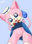 anthro blush bottomless cat clothed clothing clothing_lift clyndemoon feline female looking_at_viewer mammal navel open_mouth pussy sailor_fuku sailornyan skirt skirt_lift solo underwear video_games yo-kai_watch 