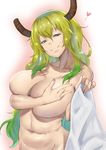 blonde_hair blush breast_hold breasts cleavage covering covering_breasts dragon_girl dragon_horns fingernails gradient_hair green_eyes green_hair heart heterochromia highres holding holding_towel horns huge_breasts huihuimao kobayashi-san_chi_no_maidragon long_hair looking_at_viewer multicolored_hair navel nude plump purple_eyes quetzalcoatl_(maidragon) shiny shiny_hair smile solo towel upper_body yellow_pupils 
