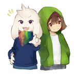  asriel_dreemurr boss_monster caprine caribun chara_(undertale) clothing duo fangs fur goat hoodie long_ears mammal pointing_at_viewer red_eyes scarf simple_background undertale video_games white_background white_fur 