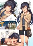  1boy 1girl admiral_(kantai_collection) aiming anchor_symbol bag belt bent_over black_hair black_pants blue_shirt blush breasts brown_coat buckle casual chains coat collarbone eyes_closed fur_collar gun headgear highres holding holding_gun holding_paper holding_weapon i-400_(kantai_collection) ichikawa_feesu implied_sex kantai_collection locked_arms long_hair looking_at_viewer low_twintails medium_breasts military military_police military_uniform navel open_mouth pants paper ribbed_shirt school_swimsuit shirt sleeves_rolled_up smile surprised sweat swimsuit swimsuit_pull t-head_admiral tan tanline tearing_up tongue tongue_out twintails uniform walking weapon 