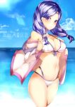  1girl absurdres bikini blue_sky breasts cleavage closed_mouth cloud day fire_emblem fire_emblem:_souen_no_kiseki highres ilyana long_hair low-tied_long_hair medium_breasts navel nintendo outdoors purple_eyes purple_hair sky solo swimsuit tea_texiamato water white_bikini 