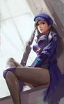  absurdres alternate_costume ana_(overwatch) beret captain_amari dark_skin eyepatch facial_mark facial_tattoo hat highres li_chunhui long_hair overwatch solo tattoo younger 