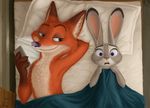  2017 anthro bed bedding blanket canine cellphone claws convenient_censorship disney duo eye_contact eyebrows female fox fur gloves_(marking) green_eyes grey_fur hareluca hi_res inner_ear_fluff inside judy_hopps lagomorph long_ears looking_at_viewer lying male male/female mammal markings multicolored_fur nick_wilde on_back on_bed painting phone pink_nose purple_eyes rabbit romantic shocked_expression size_difference smile under_covers zootopia 