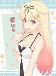  :d bangs black_ribbon blonde_hair blunt_bangs blush breasts cleavage collarbone commentary_request dan_(kumadan) dated dress eyebrows_visible_through_hair finger_to_mouth gradient_hair hair_flaps hair_ornament hair_ribbon hairclip heart kantai_collection long_hair looking_at_viewer medium_breasts multicolored_hair open_mouth pink_hair poi red_eyes remodel_(kantai_collection) ribbon shiny shiny_skin sleeveless sleeveless_dress smile solo sparkle sundress tareme teeth tongue tongue_out upper_body very_long_hair white_dress yuudachi_(kantai_collection) 