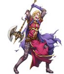  armor axe belt blonde_hair boots cape fire_emblem fire_emblem:_fuuin_no_tsurugi fire_emblem_heroes full_body gloves highres male_focus nacien official_art open_mouth solo teeth torn_clothes transparent_background weapon yamada_koutarou 