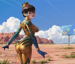  2016 ad alternate_color alternate_costume arms_at_sides artist_name ass bangs billboard blue_gloves blue_sky bodysuit breasts brown_eyes brown_hair c_home cloud cloudy_sky covered_nipples cowboy_shot d.va_(overwatch) dated day desert elbow_gloves from_behind gauntlets gloves grass hair_bun headgear headphones high_collar highres junebug_d.va legs_together lipstick looking_at_viewer looking_back lucio_(overwatch) makeup medium_breasts nose open_mouth outdoors overwatch pauldrons red_lips red_lipstick short_hair shoulder_pads skin_tight sky smile solo spiked_gauntlets teeth title tracer_(overwatch) wristband yellow_bodysuit zarya_(overwatch) 
