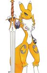  areola black_nose black_sclera blue_eyes breasts chest_tuft claws digimon female fur gloves navel nipples pussy ratofblades renamon standing sword tuft unimpressed weapon 