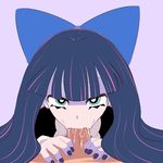  1boy 1girl :&gt;= artist_request blue_eyes fellatio looking_at_viewer nail_polish oral panty_&amp;_stocking_with_garterbelt panty_and_stocking_with_garterbelt penis pov stocking stocking_(psg) 