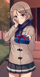  3: blue_eyes blush box gift gift_box grey_hair hair_ornament hairclip highres holding holding_gift incoming_gift looking_at_viewer love_live! love_live!_sunshine!! nanotsuki scarf school_uniform serafuku short_hair solo uranohoshi_school_uniform valentine watanabe_you 