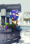  absurdres black_shorts blue_eyes blue_footwear blue_hat blue_scarf blurry boots day depth_of_field domino_mask from_side hat highres inkling inkling_(language) long_hair long_sleeves mask mini_splatling_(splatoon) multicolored multicolored_stripes outdoors pointy_ears puchiman purple_hair scarf shirt shorts sitting snow solo splatoon_(series) splatoon_1 striped striped_shirt tentacle_hair twitter_username visor_cap winter winter_clothes 