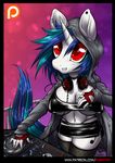  2017 anthro anthrofied blue_hair breasts chocker cleavage clothed clothing collar cutie_mark equine fangs female fingerless_gloves fishnet fishnet_legwear friendship_is_magic gloves hair headphones hoodie horn legwear mammal miniskirt mirapony my_little_pony nipple_bulge piercing record_player red_eyes skirt solo stockings thong turntable_(record_player) unicorn vinyl_scratch_(mlp) 