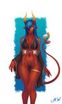  2019 beverage bikini blue_hair clothed clothing cup demon female hair horn humanoid ingrid_(urw) jewelry navel necklace not_furry pointy_ears prehensile_tail red_skin solo spade_tail swimsuit urw yellow_eyes 