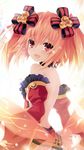  2017 alyn_(fairy_fencer_f) bare_back bare_shoulders blush choker detached_sleeves eyebrows_visible_through_hair fairy_fencer_f hair_ornament hair_ribbon highres looking_at_viewer official_art open_mouth orange_hair pink_eyes ribbon short_hair smile solo tears tsunako twintails 