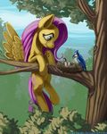  avian bird cutie_mark day eyelashes female feral fluttershy_(mlp) friendship_is_magic green_eyes group hair hooves lexx2dot0 my_little_pony nude outside pink_hair smile tree 