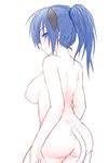  animal_ears arms_at_sides ass back blue_eyes blue_hair breasts closed_mouth cowboy_shot dimples_of_venus doremy_sweet expressionless eyebrows_visible_through_hair from_behind high_ponytail kuroba_rapid long_hair looking_at_viewer looking_back medium_breasts neck nipples no_pupils nude pale_skin ponytail sideways_glance simple_background solo tail tapir_ears tapir_tail touhou white_background 