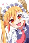  :d black_dress blonde_hair blush breasts collared_shirt dragon_girl dragon_horns dress dress_shirt elbow_gloves eyebrows_visible_through_hair fangs frills gloves gradient_eyes hair_between_eyes hand_on_own_face hands_up heart highres horns kobayashi-san_chi_no_maidragon large_breasts long_hair looking_at_viewer maid maid_headdress multicolored multicolored_eyes necktie open_mouth orange_eyes orange_hair pikomarie puffy_short_sleeves puffy_sleeves red_eyes red_neckwear shirt short_sleeves sidelocks simple_background sleeveless sleeveless_dress slit_pupils smile solo tooru_(maidragon) twintails upper_body white_background white_gloves white_shirt yellow_eyes 