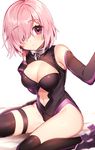  1girl bare_shoulders blush bodysuit breasts cleavage fate/grand_order looking_at_viewer navel parted_lips pink_eyes pink_hair shield shielder_(fate/grand_order) short_hair sitting solo 