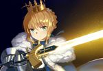  artoria_pendragon_(all) blonde_hair crown excalibur fate/stay_night fate_(series) gauntlets glowing glowing_sword glowing_weapon green_eyes holding holding_sword holding_weapon light_particles mr_cloud saber short_hair solo sword weapon 