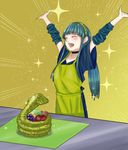  1girl apple apron blue_hair blush breasts choker cleopatra_(fate/grand_order) detached_sleeves eyes_closed fate/grand_order fate_(series) grapes hairband jewelry long_hair open_mouth snake sparkle yellow_background 