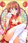  1girl :d bare_shoulders bent_knees bird bird_print blush breasts brown_hair china_dress chinese_clothes cleavage cleavage_cutout clover clover_hair_ornament eyebrows_visible_through_hair female floral_print full_body head_tilt headband highres kanji legs_up looking_at_viewer no_shoes one_eye_closed open_mouth original short_hair sitting smile solo thighhighs thighs wall white_legwear white_thighhighs window wink yagami-all_hail_nanao 