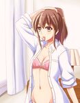  adjusting_hair arms_up blush bra breasts brown_eyes brown_hair cleavage collarbone commentary_request curtains eyebrows_visible_through_hair hairdressing indoors long_hair looking_at_viewer mouth_hold navel ookawa_wataru open_clothes open_shirt original panties pink_panties ponytail shirt small_breasts solo standing tying_hair underwear undressing white_shirt 