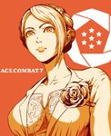  ace_combat ace_combat_7 asymmetrical_hair breasts brooch collarbone commentary_request flower formal hair_bun jewelry medium_breasts orange_(color) princess rosa_cossette_d'elise solo suit suyama upper_body 