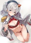 bad_id bad_pixiv_id blue_eyes blush bra breasts buttons commentary_request epaulettes gloves hitaki_yuu jacket kantai_collection kashima_(kantai_collection) large_breasts looking_at_viewer neckerchief panties red_bra red_panties sidelocks silver_hair single_glove solo twintails underwear undressing wavy_hair 
