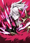  aqua_eyes black_gloves collar commentary_request fate/apocrypha fate/grand_order fate_(series) gloves gold_armor grin jewelry karna_(fate) looking_at_viewer male_focus parted_lips pendant pokimari red_background smile solo spiked_collar spikes white_hair white_skin 