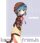  :/ aqua_hair bare_legs bibe_masa blush character_name copyright_name cowboy_shot dot_nose eyelashes from_side hair_between_eyes hands_in_pockets highres hood hoodie kemono_friends lavender_background long_sleeves looking_at_viewer neck_ribbon outline outside_border rectangle ribbon romaji shy sidelocks simple_background snake_tail solo striped striped_tail tail tsuchinoko_(kemono_friends) tsurime v-shaped_eyebrows white_outline yellow_eyes 