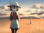  animal animalization backpack bag black_eyes black_gloves black_hair chromatic_aberration cloud cloudy_sky commentary_request cowboy_shot feathers gloves hair_between_eyes harau hat hat_feather helmet kaban_(kemono_friends) kemono_friends mountain orange_sky outdoors pantyhose pith_helmet sad_smile savannah scenery serval serval_(kemono_friends) shadow shirt short_hair short_sleeves shorts sky star_(sky) sunset tareme 