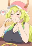  bare_shoulders baseball_cap blonde_hair blush breast_rest breasts cleavage closed_eyes dragon_horns eating gradient_hair green_hair hand_on_own_cheek happy hat heart hell_machina horns kobayashi-san_chi_no_maidragon large_breasts long_hair multicolored_hair quetzalcoatl_(maidragon) smile solo spoken_heart taco tank_top 